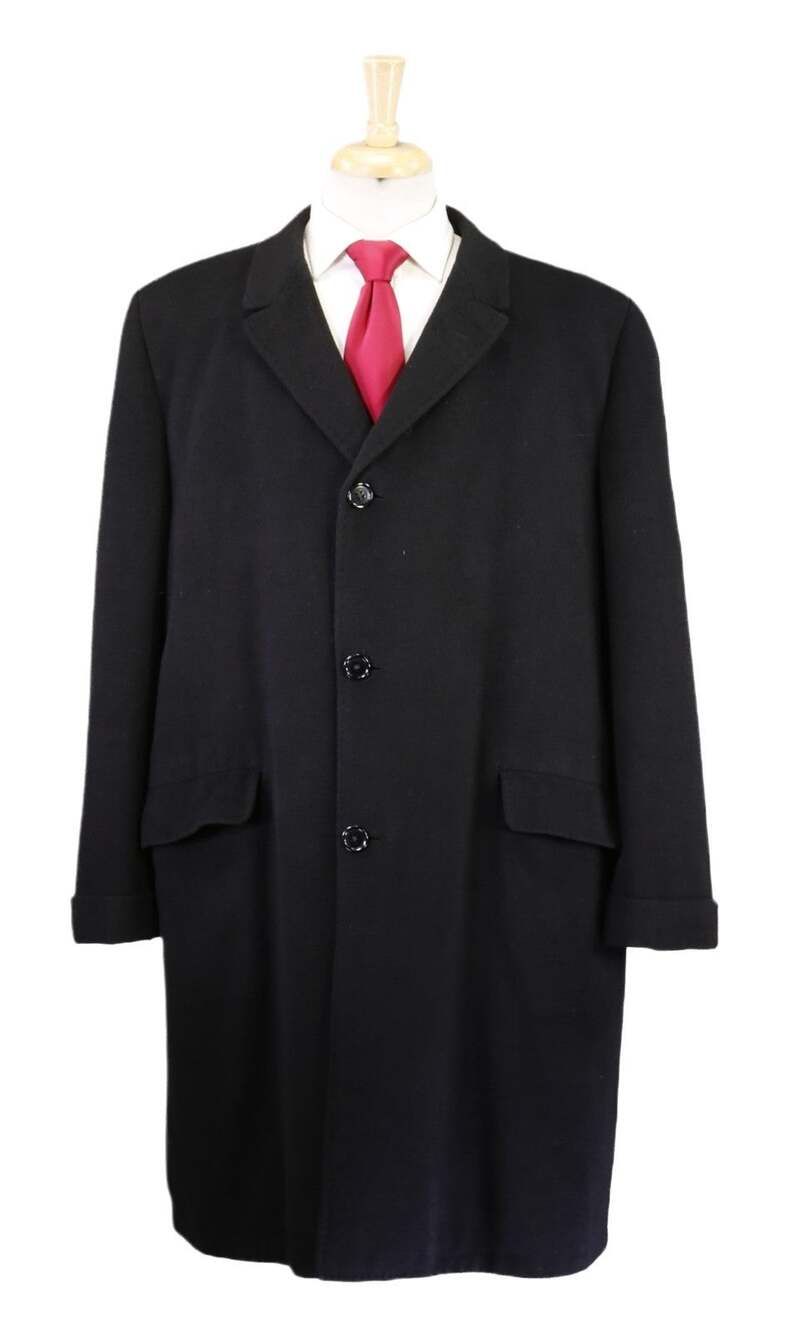 Vintage 1960s Black 100% Cashmere Overcoat Coat 44R